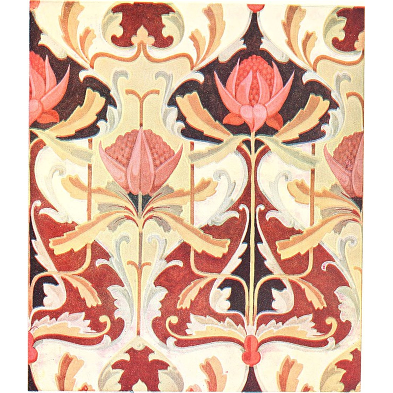Pink, gold and white flowered wallpaper.