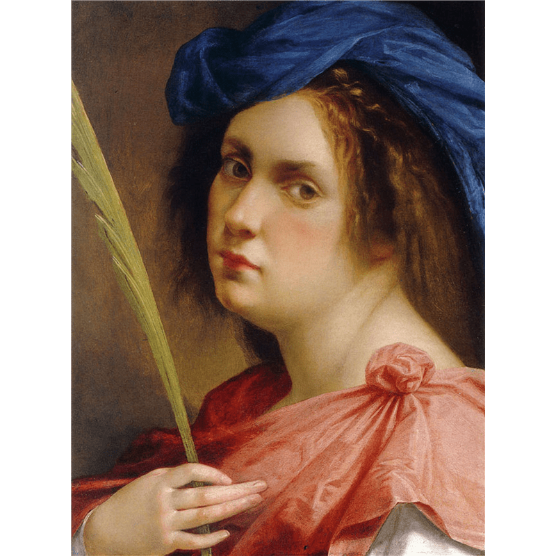 Portrait of female with blue headwear and salmon colour dress.
