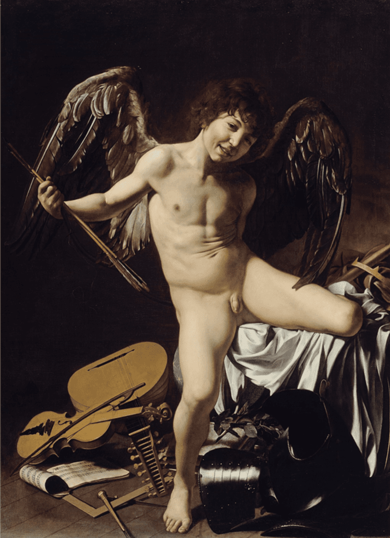 Caravaggio painting of nude boy with wings.
